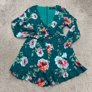 Minkpink Ruffle Floral Romper Womens small Green Long Sleeve V-Neck Summer Boho